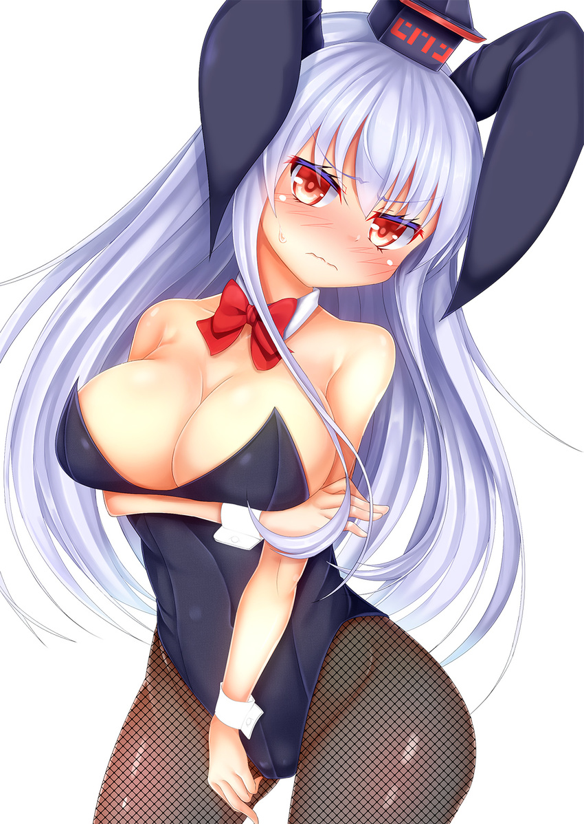 animal_ears blush breast_lift breasts bunny_ears bunny_girl bunnysuit cleavage detached_collar fishnet_legwear fishnets hat highleg highleg_leotard highres kamishirasawa_keine large_breasts lavender_hair leotard long_hair looking_at_viewer md5_mismatch pantyhose red_eyes silver_hair solo strapless strapless_leotard tokoya_(ex-hetare) touhou very_long_hair wavy_mouth wrist_cuffs