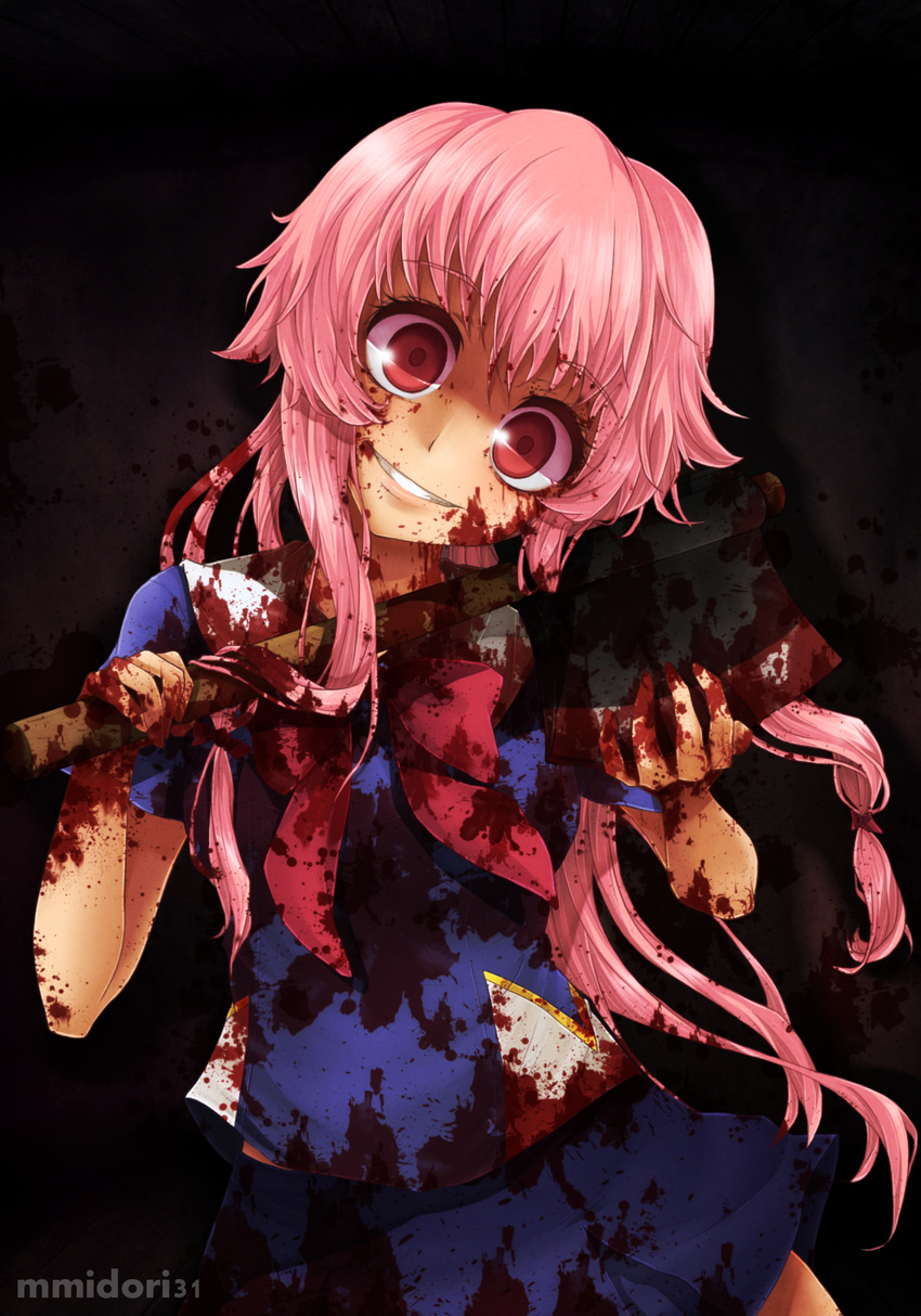 artist_name axe big_eyes blood blood_on_face blood_stain bloody_clothes bloody_weapon dark_background gasai_yuno grin hair_ribbon highres holding holding_weapon long_hair midori_matsui mirai_nikki pink_eyes pink_hair ribbon school_uniform smile solo weapon