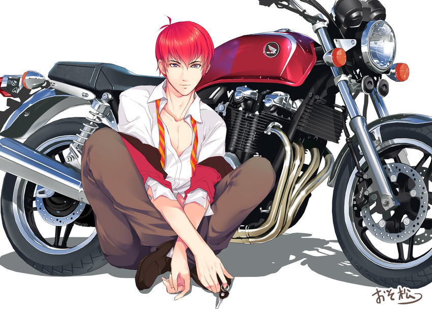 bangs brown_footwear brown_pants closed_mouth collarbone collared_shirt commentary crossed_ankles dress_shirt f6 full_body ground_vehicle highres honda jacket key light_smile looking_at_viewer male_focus matsuno_osomatsu motor_vehicle motorcycle necktie off_shoulder osomatsu-kun osomatsu-san pants red_hair shadow shirt shoes signature silver_eyes sitting solo striped striped_neckwear untied white_background white_shirt yoshiwo