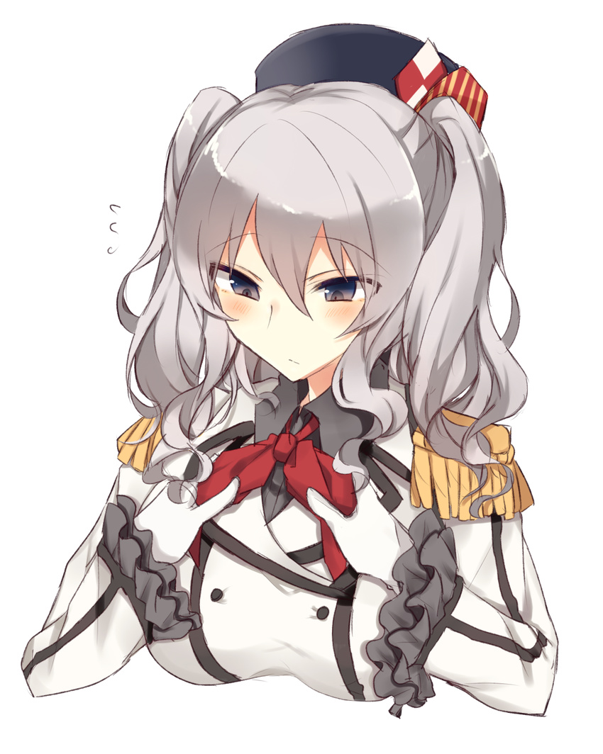 beret blue_eyes blush breasts buttons epaulettes flying_sweatdrops frilled_sleeves frills gloves hair_between_eyes hat highres jacket kantai_collection kashima_(kantai_collection) kerchief kinona large_breasts military military_uniform red_ribbon ribbon sidelocks silver_hair simple_background solo tsurime twintails uniform upper_body wavy_hair white_background white_gloves