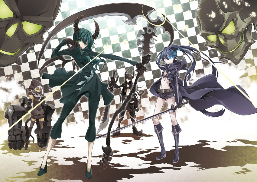 bad_id bad_pixiv_id belt bikini_top black_gold_saw black_hair black_legwear black_rock_shooter black_rock_shooter_(character) blue_eyes burning_eye checkered dead_master finger_licking green_eyes green_hair grey_hair highres hood horns katana king_saw licking mechanical_arm midriff multiple_girls navel scar scythe sleeveless star strength_(black_rock_shooter) sword thighhighs twintails weapon yamanami_kousuke yellow_eyes