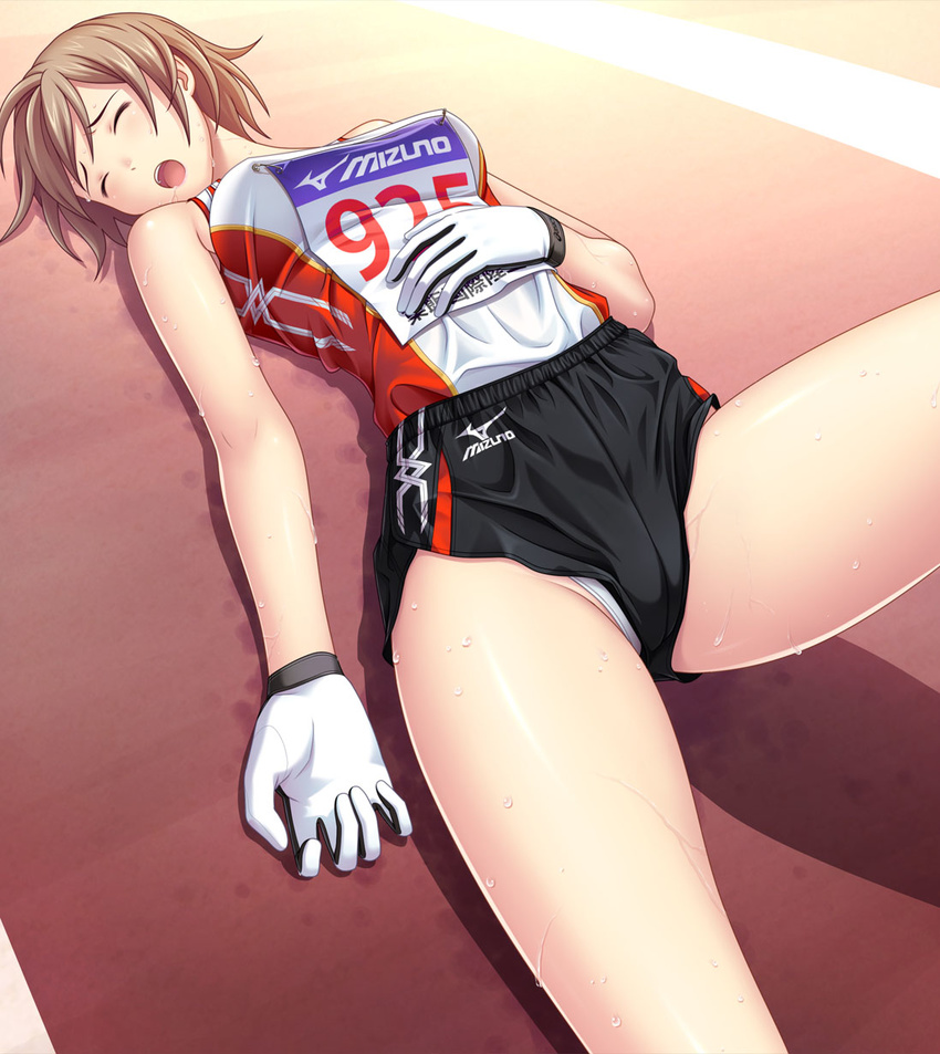 brown_eyes closed_eyes copyright_request gloves highres kuri_(kurigohan) lying panties short_hair shorts solo sweat track track_and_field underwear upshorts white_gloves white_panties