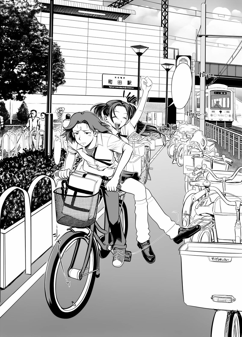 1girl :d ^_^ arm_around_waist arm_up bag basket bicycle bicycle_basket blank_speech_bubble building closed_eyes couple greyscale ground_vehicle hetero highres kneehighs lamppost light_frown loafers long_hair monochrome multiple_riders okano_hajime open_mouth original outdoors plant railing railroad_tracks real_world_location riding school_bag school_uniform shoes short_sleeves sidesaddle sidewalk skirt smile sneakers socks speech_bubble squiggle teeth tokyo_(city) train train_station tree twintails