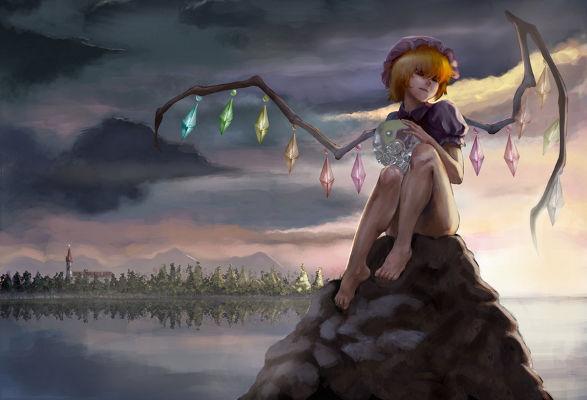 bare_legs barefoot blonde_hair bottomless cloud flandre_scarlet hat lake legs misty_lake ponytail red_eyes refrainorz rock scarlet_devil_mansion short_hair sitting skull solo touhou wings