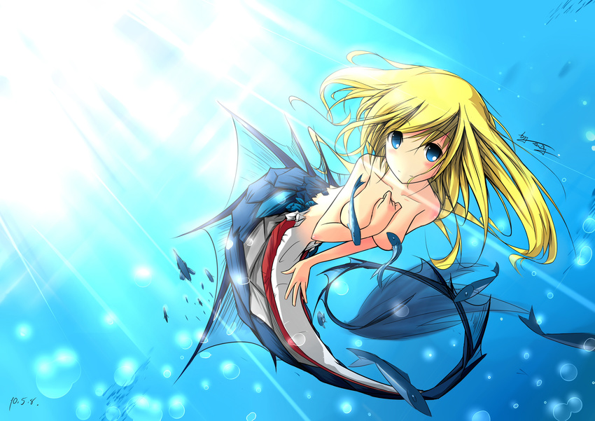 absurdres arm_support blonde_hair blue_background blue_eyes breasts bubble censored convenient_censoring dated fins fish hand_on_own_chest highres light_rays light_smile long_hair looking_at_viewer medium_breasts mermaid monster_girl no_nose nude original solo sunbeam sunlight tan_(carbon) underwater