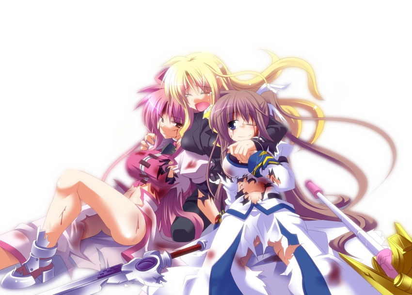 blonde_hair blood boots brown_eyes closed_eyes fate_testarossa holding_hands injury jacket kazekawa_nagi levantine long_hair lyrical_nanoha magazine_(weapon) magical_girl mahou_shoujo_lyrical_nanoha_strikers military military_uniform multiple_girls no_panties one_eye_closed open_clothes open_jacket open_mouth pink_hair purple_eyes raising_heart red_hair side_ponytail signum smile sword takamachi_nanoha tears torn_clothes uniform waist_cape weapon