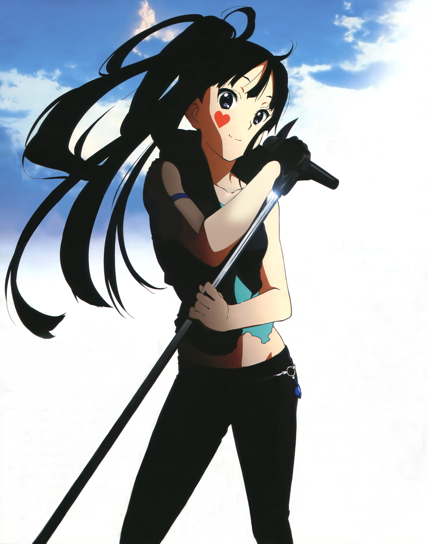 absurdres akiyama_mio armband black_eyes black_hair cloud death_devil detexted gloves heart highres k-on! long_hair microphone microphone_stand non-web_source official_art single_glove sky smile solo third-party_edit very_long_hair