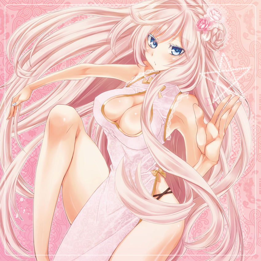 bad_id bad_pixiv_id blue_eyes breasts china_dress chinese_clothes cleavage cleavage_cutout dress flower hair_flower hair_ornament highres large_breasts legs long_hair megurine_luka mikipa pink_hair pose solo very_long_hair vocaloid