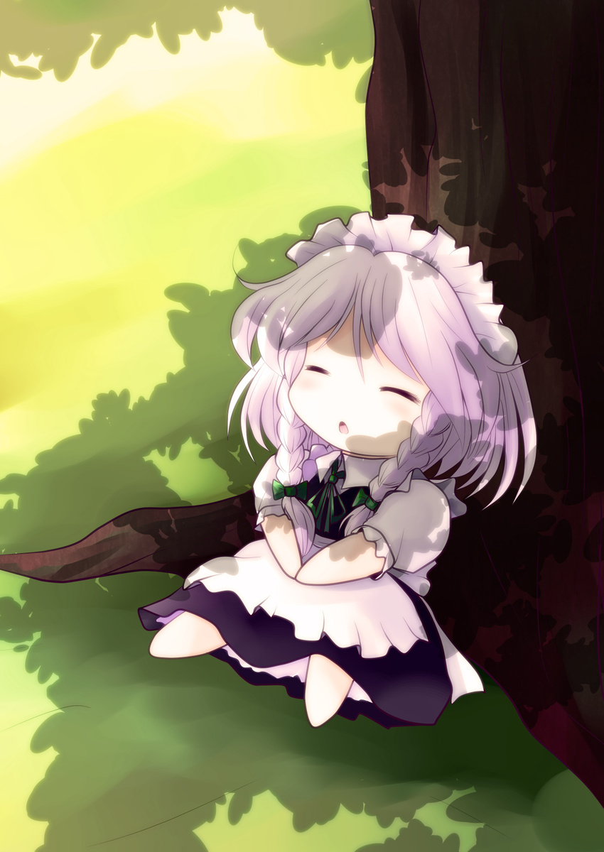 braid chibi highres izayoi_sakuya long_hair maid maid_headdress outdoors shade silver_hair sleeping solo touhou tree tree_shade twin_braids under_tree v_arms yume_shokunin