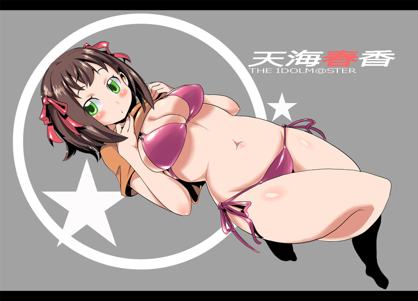 amami_haruka bikini brown_hair green_eyes idolmaster idolmaster_(classic) omega.ep shirt_lift short_hair solo swimsuit wide_hips