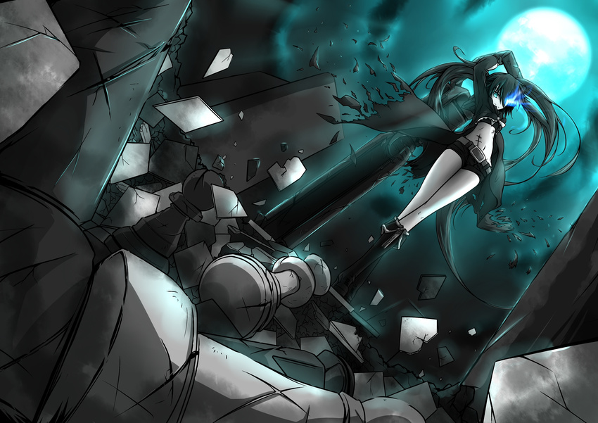 absurdres aqua_eyes black_hair black_rock_shooter black_rock_shooter_(character) boots burning_eye chess_piece cloud dutch_angle highres long_hair moon navel night night_sky scar shorts sky solo tan_(carbon) tearing_clothes torn_clothes twintails very_long_hair