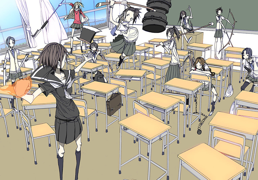 arrow axe battle bow_(weapon) burning_hand chain chair chalkboard classroom desk hammer katana kenja_tori multiple_girls original polearm school school_desk school_uniform sickle sword weapon