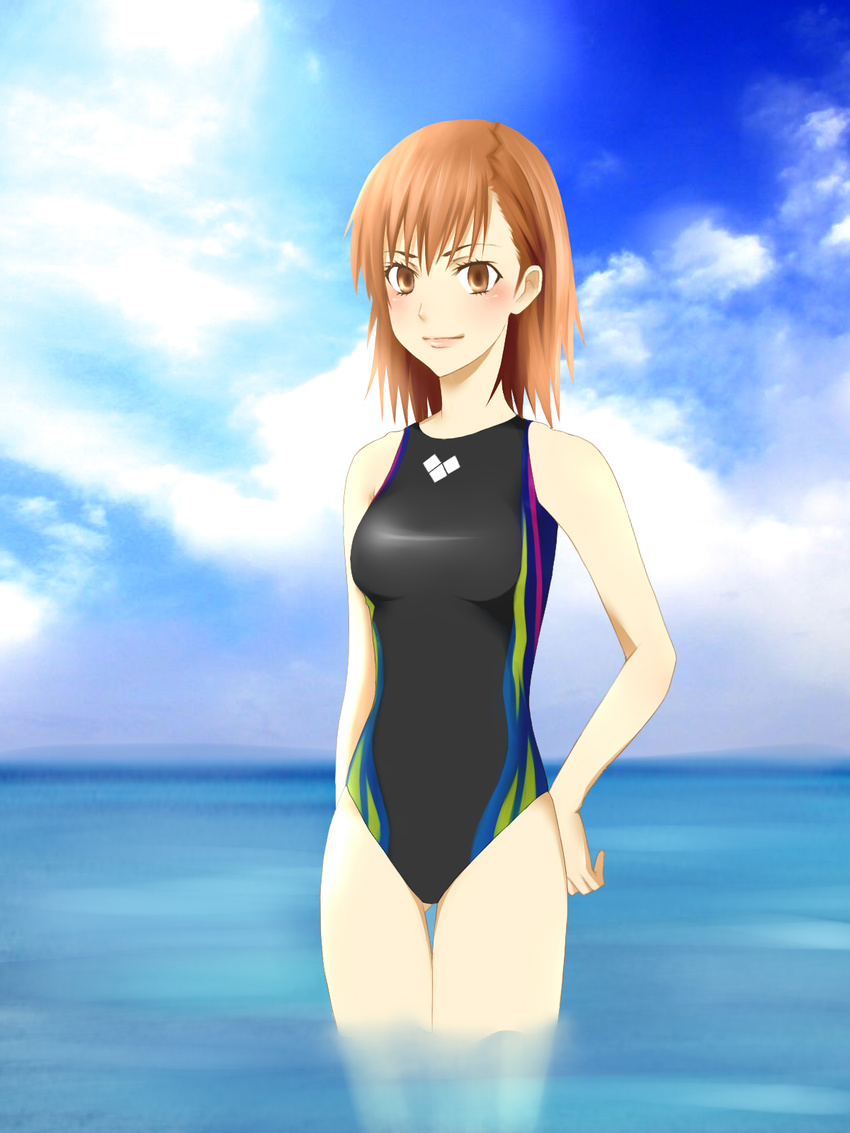 arena_(company) bad_id bad_pixiv_id brown_eyes brown_hair competition_swimsuit highres misaka_mikoto nyamuu one-piece_swimsuit short_hair solo swimsuit to_aru_kagaku_no_railgun to_aru_majutsu_no_index wading water