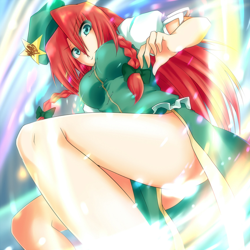 akudato braid breasts censored convenient_censoring dress from_below green_eyes hair_ribbon hat highres hong_meiling large_breasts long_hair red_hair ribbon solo star touhou twin_braids