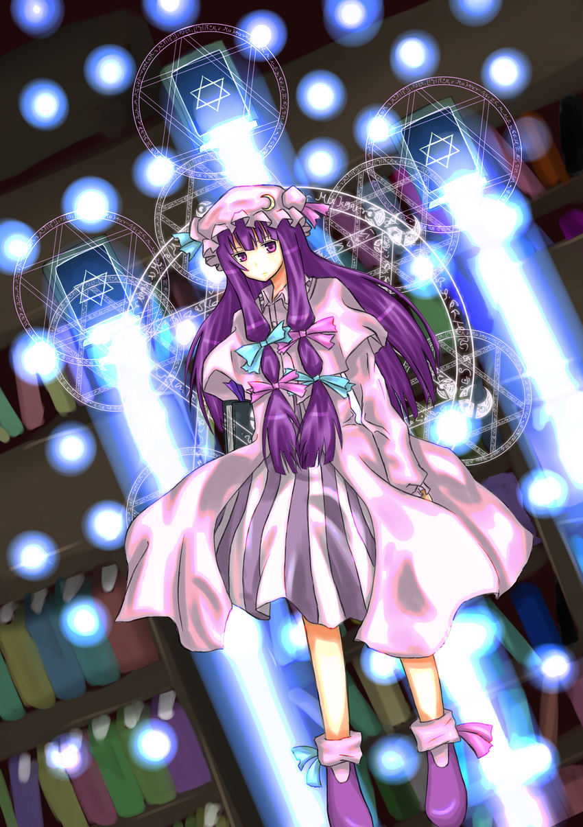 bad_id bad_pixiv_id book bookshelf bow danmaku dress flying hair_bow hair_ribbon hat hexagram highres kocha library long_hair magic_circle patchouli_knowledge purple_eyes purple_hair ribbon solo touhou voile