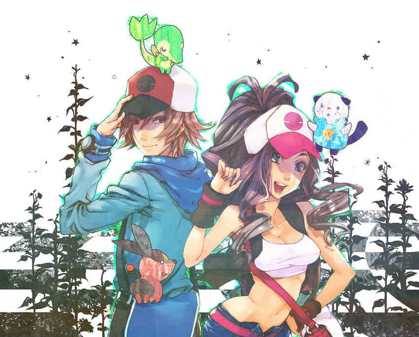 1girl bag baseball_cap breasts cleavage crop_top curly_hair gen_5_pokemon hat hood hoodie medium_breasts messenger_bag midriff oshawott pokemon pokemon_(creature) pokemon_(game) pokemon_bw ponytail riato shoulder_bag smile snivy tepig touko_(pokemon) touya_(pokemon) unzipped vest