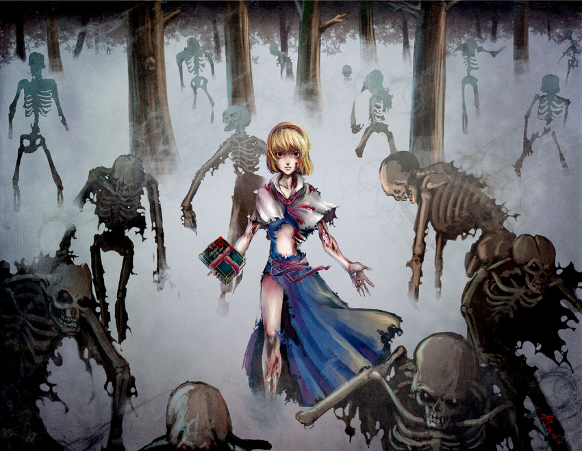 aimai_no_3cm alice_margatroid blonde_hair blood bone book bow capelet cuts dress empty_eyes fog grin hairband highres injury lich lips open_mouth red_eyes ribbon short_hair skeleton skull smile solo torn_clothes touhou tree undead zombie