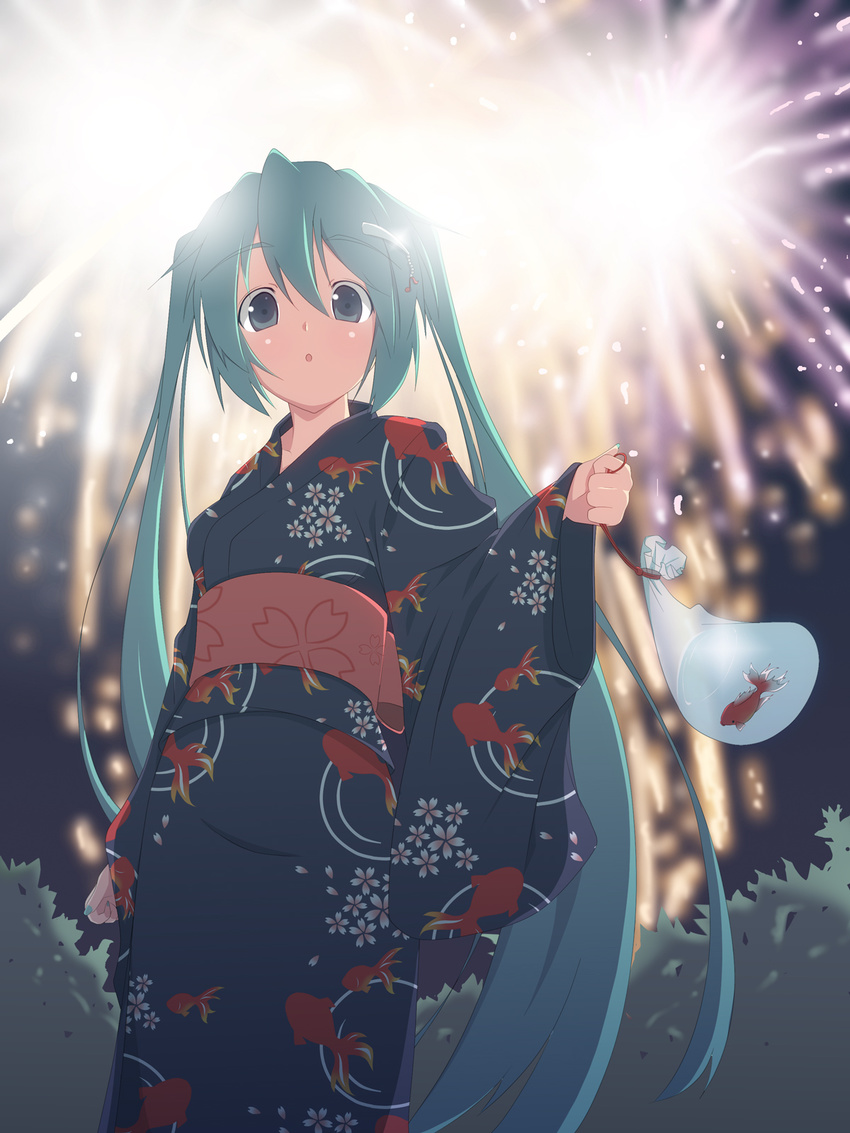 aerial_fireworks aqua_eyes aqua_hair bag bagged_fish festival fireworks fish hatsune_miku highres japanese_clothes kimono long_hair solo twintails very_long_hair vocaloid yuzuki_kei