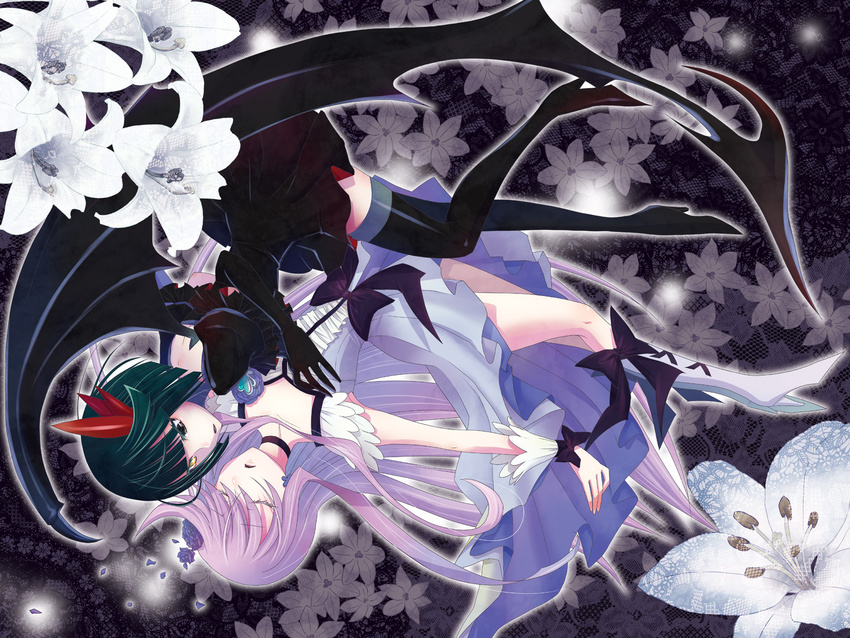 bad_id bad_pixiv_id black_choker blue_eyes boots bow choker closed_eyes cure_moonlight dark_precure dress earrings elbow_gloves flower gloves green_hair hair_flower hair_ornament heart heartcatch_precure! heterochromia highres jewelry knee_boots magical_girl multiple_girls pleated_skirt precure purple_hair single_wing skirt thigh_boots thighhighs tsukikage_yuri wings wrist_cuffs yellow_eyes yuri yuu_(derodero)