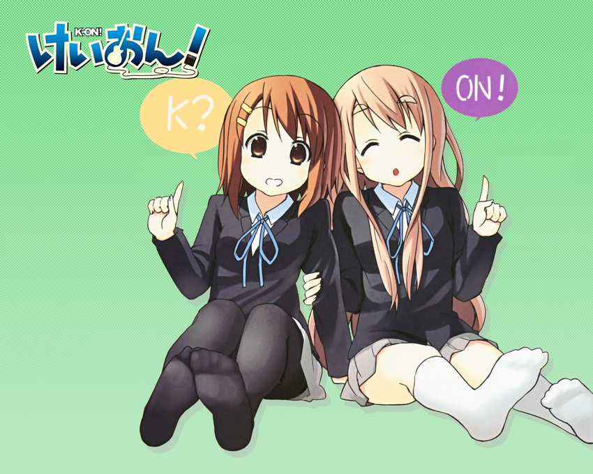 brown_hair feet foreshortening hirasawa_yui k-on! kakifly kotobuki_tsumugi multiple_girls pantyhose school_uniform