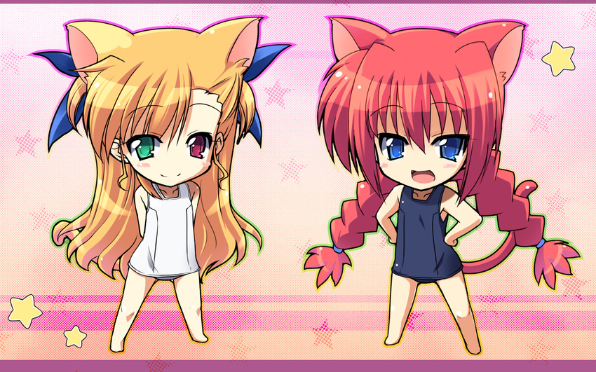 animal_ears cat_ears heterochromia highres kemonomimi_mode lyrical_nanoha mahou_shoujo_lyrical_nanoha_strikers multiple_girls one-piece_swimsuit school_swimsuit shiwo swimsuit vita vivio wallpaper