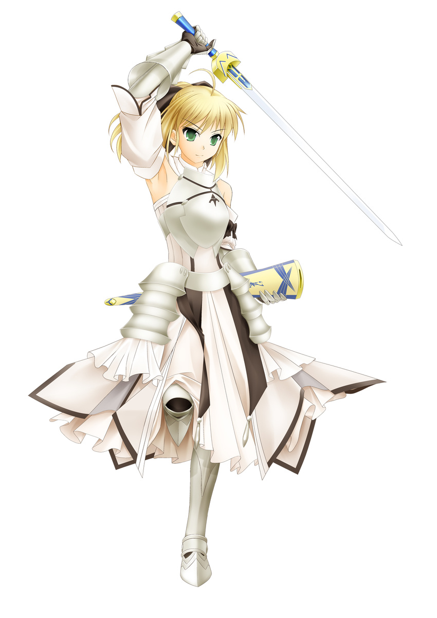 ahoge artoria_pendragon_(all) avalon_(fate/stay_night) blonde_hair excalibur fate/stay_night fate/unlimited_codes fate_(series) green_eyes highres jumping ponytail ribbon saber saber_lily sheath solo sword weapon