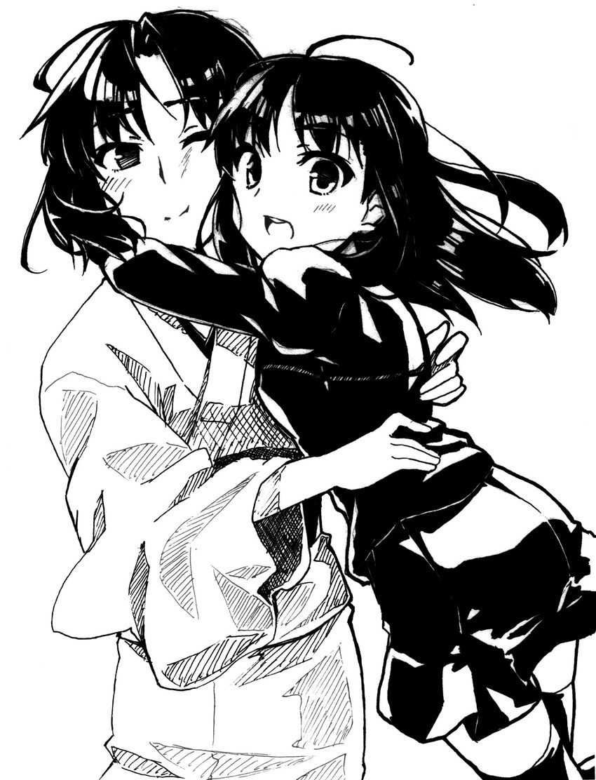 cheek-to-cheek cheek_squash greyscale highres hug ikuwataru_nagomi japanese_clothes kara_no_kyoukai kimono long_hair monochrome mother_and_daughter multiple_girls ryougi_mana ryougi_shiki short_hair sketch smile thighhighs