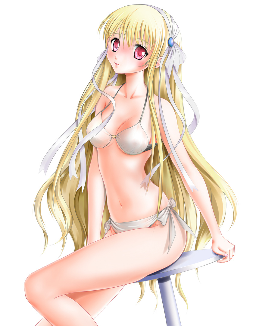 bikini blonde_hair clarissa_satsuki_maezono hair_ribbon highres honeycoming_royalsweet long_hair miharin red_eyes ribbon see-through solo swimsuit table