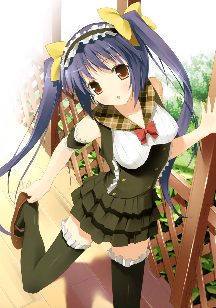 absurdres brown_eyes highres kantoku original purple_hair putting_on_shoes solo thighhighs twintails