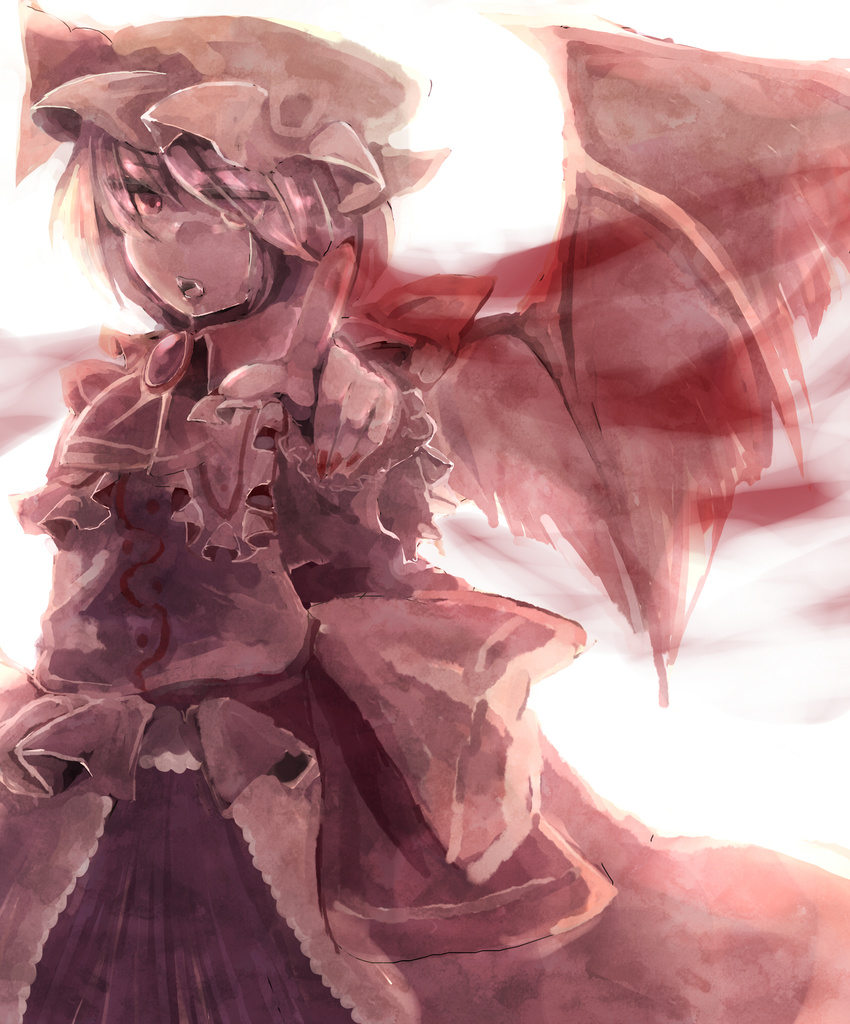 anoshabu bad_id bad_pixiv_id bat_wings foreshortening hat highres monochrome nail_polish outstretched_arm pointing red remilia_scarlet short_hair solo tears touhou vampire wings