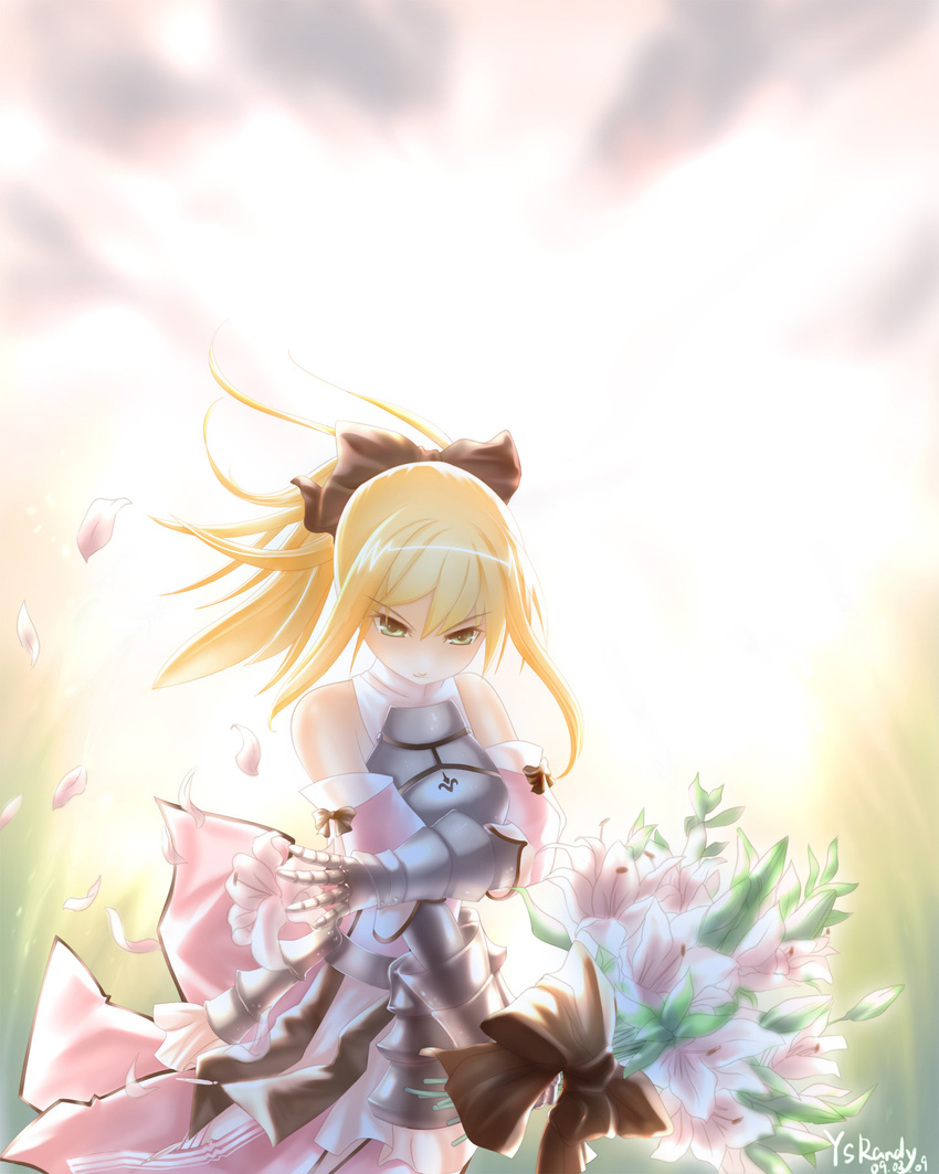 armor armored_dress artoria_pendragon_(all) blonde_hair bouquet dress fate/stay_night fate/unlimited_codes fate_(series) flower green_eyes highres ponytail ribbon saber saber_lily sky solo ysrandy