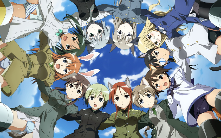 6+girls absurdres animal_ears black_hair black_legwear blonde_hair blue_eyes blush braid breasts brown_eyes brown_hair bunny_ears cat_ears charlotte_e_yeager circle_formation cloud day eila_ilmatar_juutilainen erica_hartmann everyone eyepatch fang flat_chest francesca_lucchini gertrud_barkhorn glasses green_eyes hair_ribbon highres large_breasts long_hair lynette_bishop medium_breasts minna-dietlinde_wilcke miyafuji_yoshika multicolored_hair multiple_girls necktie no_pants open_mouth orange_hair panties pantyhose pantyshot perrine_h_clostermann ponytail purple_hair red_hair ribbon sakamoto_mio sanya_v_litvyak school_swimsuit school_uniform short_hair silver_hair single_braid sky small_breasts smile strike_witches striker_unit striped striped_panties sweater sweater_vest swimsuit swimsuit_under_clothes tail toshi_(anime_coloring) twintails underwear uniform vector_trace white_panties world_witches_series yellow_eyes