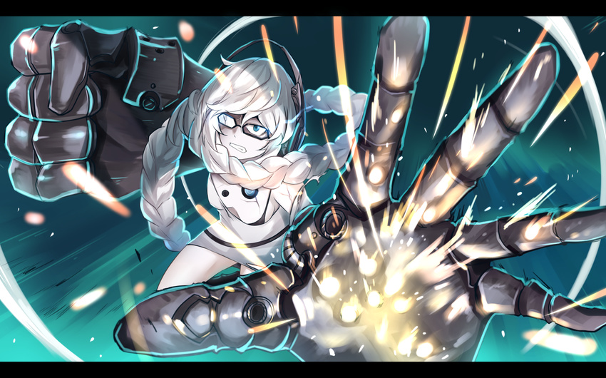 absurdly_long_hair bikini black_bikini blue_eyes braid clenched_hand clenched_teeth commentary_request gauntlets glasses headphones ido_(teketeke) kantai_collection letterboxed long_hair looking_at_viewer power_fist shinkaisei-kan single_braid solo supply_depot_hime swimsuit teeth the_big_o very_long_hair white_hair white_skin