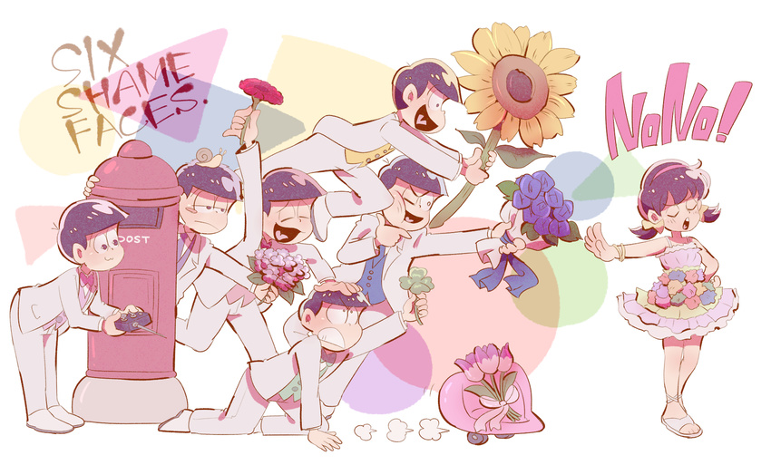 6+boys :3 amazou blush_stickers bouquet bracelet brothers closed_eyes dress flower hetero highres jewelry male_harem matsuno_choromatsu matsuno_ichimatsu matsuno_juushimatsu matsuno_karamatsu matsuno_osomatsu matsuno_todomatsu multiple_boys one_eye_closed open_mouth osomatsu-kun osomatsu-san postbox_(outgoing_mail) sextuplets siblings six_shame_faces standing sunflower tuxedo yowai_totoko