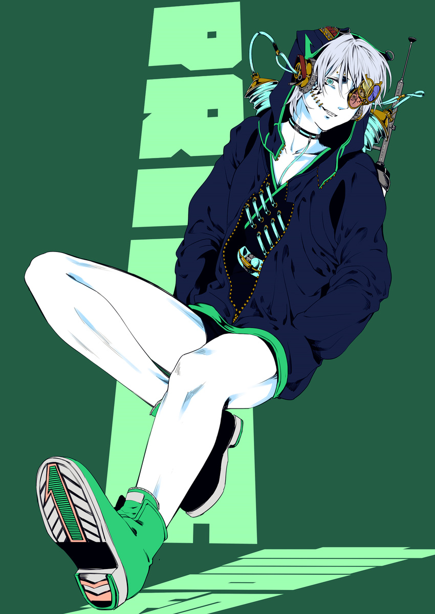 alternate_costume aqua_eyes back bare_legs boots cable choker full_body green_background green_footwear grin hands_in_pockets head_tilt headphones highres hood hooded_jacket jacket jin_chongtian liquid long_sleeves looking_at_viewer monocle pale_skin radio_antenna short_hair shorts silver_hair smile solo stitches teeth text_focus unzipped vocaloid vocanese yanhe