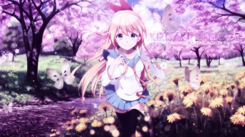 1girl action blonde_hair breasts butterfly cherry_blossoms female highres imaoka insect kirisaki_chitoge long_hair matsurika nisekoi outside plant pleated_skirt river running shadow skirt smile solo sunlight totoro-gx tree uniform zettai_ryouiki