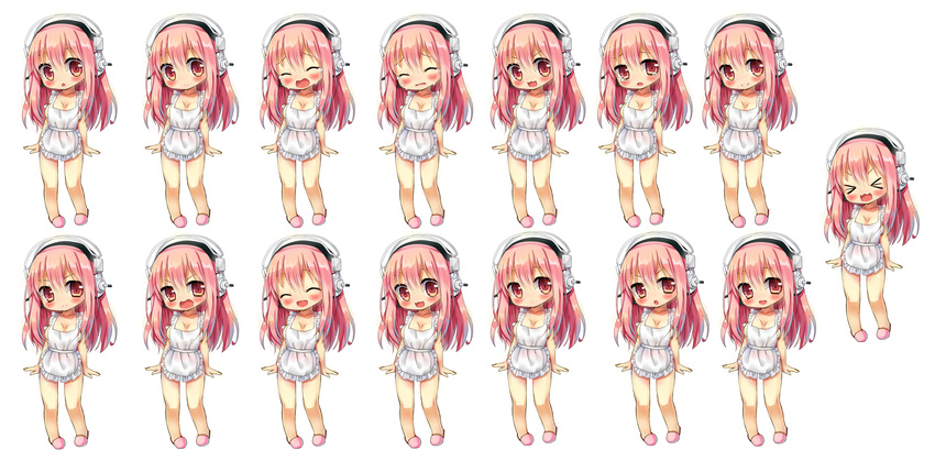 &gt;:( &gt;_&lt; :3 :d :o ^_^ apron blush breasts chibi closed_eyes crying frown headphones highres large_breasts long_hair looking_at_viewer multiple_girls multiple_views naked_apron nitroplus open_mouth pink_hair red_eyes silver15 smile super_sonico v-shaped_eyebrows variations x3