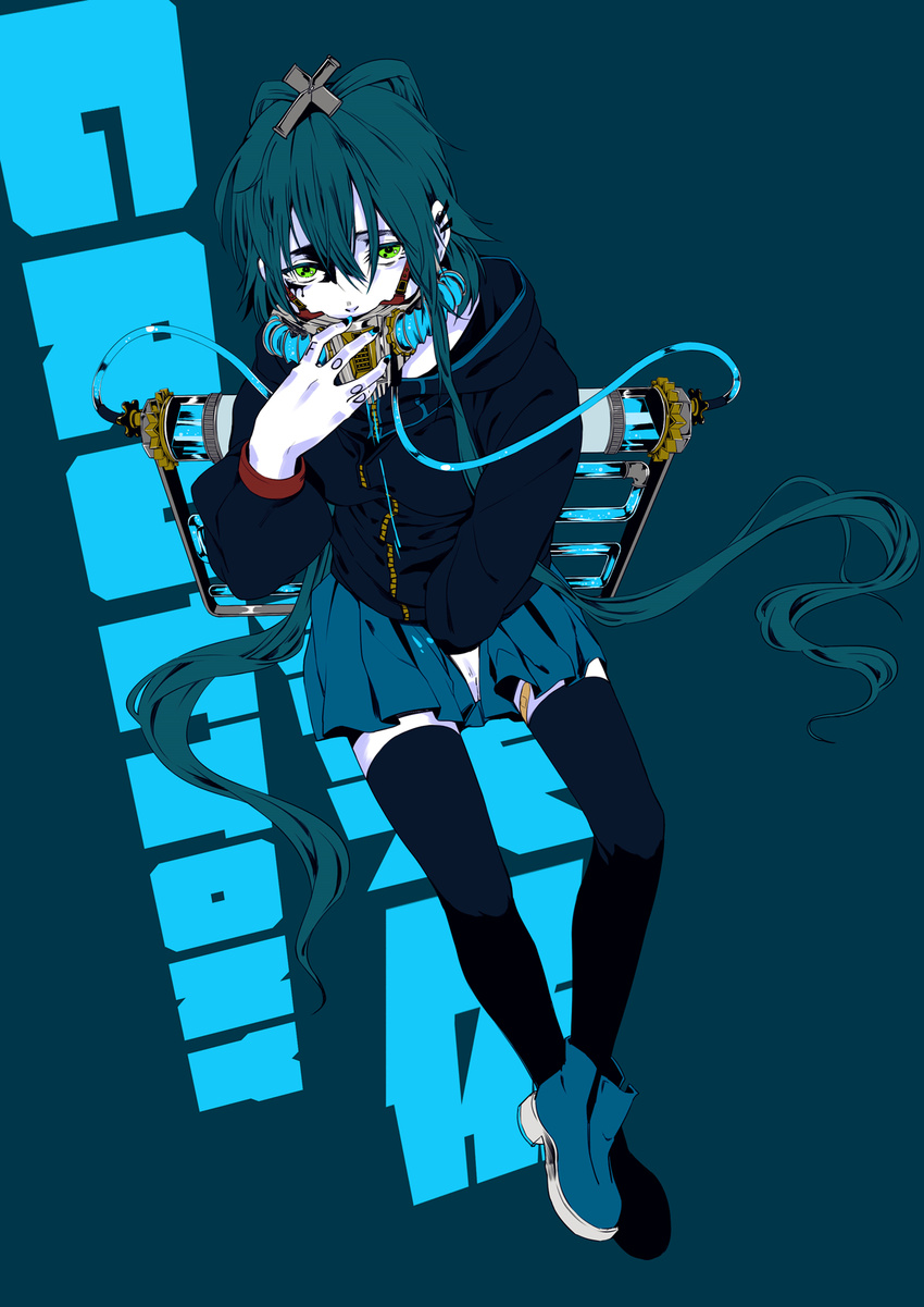 alternate_costume bandaid bandaid_on_leg between_legs black_legwear blue blue_background blue_footwear blue_hair blue_legwear blue_nails blue_skirt body_writing boots cable covered_mouth cross_hair_ornament crossed_ankles full_body green_eyes hair_between_eyes hair_ornament hand_between_legs highres holding holding_microphone hood hood_down hooded_jacket jacket jin_chongtian liquid long_hair long_sleeves looking_at_viewer luo_tianyi microphone microphone_stand miniskirt nail_polish pale_skin pleated_skirt sitting skirt solo text_focus thighhighs very_long_hair vocaloid vocanese