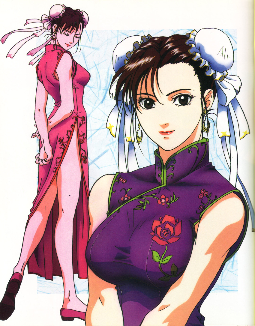 1girl ass bare_arms black_eyes breasts brown_hair capcom china_dress chinese_clothes chun-li double_bun dress earrings eyes_closed feet full_body highres jewelry large_breasts legs lipstick looking_at_viewer makeup murase_shuko qipao shoes short_hair sideboob sleeveless smile solo standing street_fighter thighs