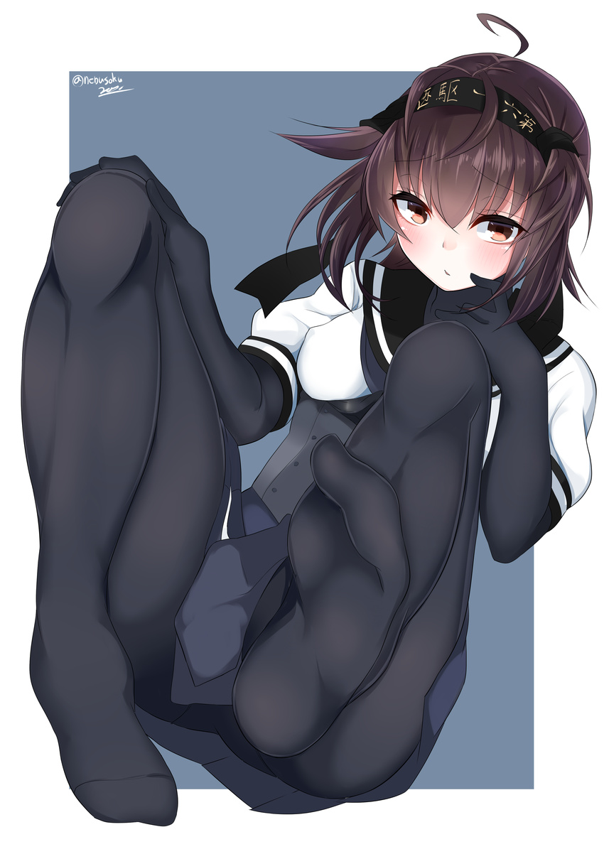 absurdres ahoge blush bodysuit breasts brown_eyes brown_hair commentary_request feet finger_to_cheek hair_between_eyes hairband hatsuzuki_(kantai_collection) headband highres kantai_collection looking_at_viewer miniskirt nebusoku pantyhose pleated_skirt pouty_lips pov_feet school_uniform short_hair skirt small_breasts soles solo thighs