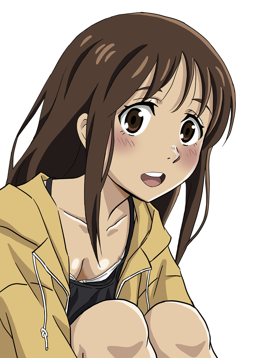 :d bangs blush boku_dake_ga_inai_machi breasts brown_eyes brown_hair chobariki cleavage highres jacket katagiri_airi knees_up long_hair looking_at_viewer open_mouth sidelocks small_breasts smile solo white_background yellow_jacket