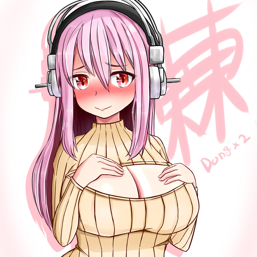 blush breasts cleavage cleavage_cutout commentary hands_on_own_chest headphones heart heart-shaped_pupils highres large_breasts long_hair looking_at_viewer meme_attire nitroplus open-chest_sweater pink_hair red_eyes ribbed_sweater smile solo super_sonico sweater symbol-shaped_pupils tras030303 turtleneck