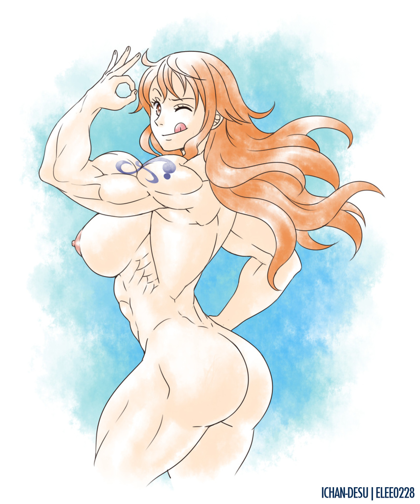 1girl areolae ass back biceps breasts elee0228 female flexing from_behind ichan-desu large_breasts long_hair looking_at_viewer muscle nami_(one_piece) nipples one_eye_closed one_piece orange_eyes orange_hair smile solo tattoo tongue tongue_out wink
