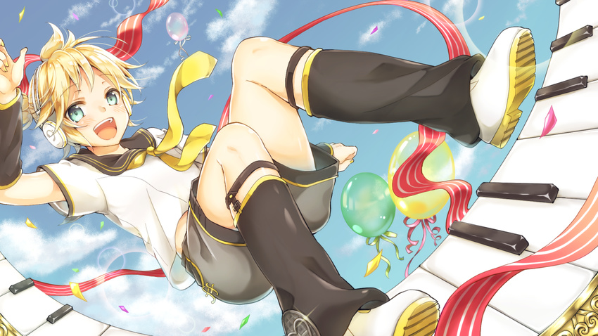 aqua_eyes balloon blonde_hair cloud day full_body headset kagamine_len male_focus mii_no_suke necktie open_mouth piano_keys shorts sky smile solo vocaloid yellow_neckwear