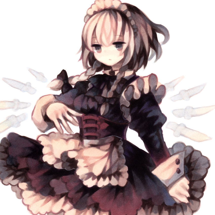 apron bad_id bad_pixiv_id bow braid corset dagger dress expressionless frills hair_bow highres izayoi_sakuya long_sleeves maid_headdress marker_(medium) puffy_sleeves short_hair silver_hair simple_background solo touhou traditional_media twin_braids upper_body waist_apron weapon white_background wiriam07