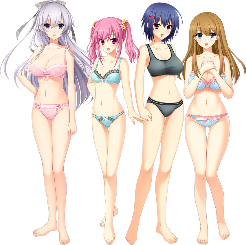 absurdres blue_hair bra brown_hair full_body game_cg highres kamijo_tsubasa katsuragi_shion koizumi_amane lingerie miyamae_iroha multiple_girls navel panties pink_hair ponytail sei_shoujo_~seido_ikusei_gakuen~ shirosaki_yuuri silver_hair transparent_background twintails underwear underwear_only