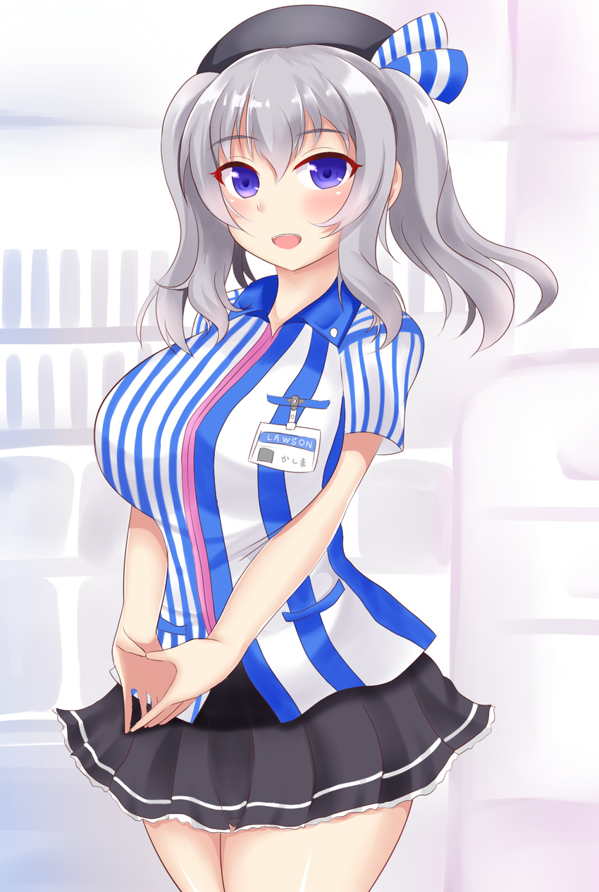 arlonn blue_eyes employee_uniform hat highres kantai_collection kashima_(kantai_collection) lawson long_hair silver_hair solo standing twintails uniform