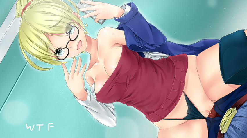 1girl :d armpits artist_name bare_shoulders black-framed_eyewear black_panties blonde_hair blue_eyes blue_jacket breasts buckle bulge cellphone cellphone_camera cleavage collarbone denim earrings erection erection_under_clothes eyes_visible_through_hair forecast_janna girl_on_top glasses groin hair_over_one_eye hetero highleg highleg_panties highres holding holding_phone indoors jacket janna_windforce jeans jewelry league_of_legends long_sleeves medium_breasts off-shoulder_sweater off_shoulder open_clothes open_jacket open_mouth open_shirt panties panties_aside pants penis phone pussy pussy_juice round_eyewear scrunchie sex shirt short_hair short_ponytail smile spread_legs straddling striped striped_shirt sweater thong underwear vaginal white_shirt wtfaomfg