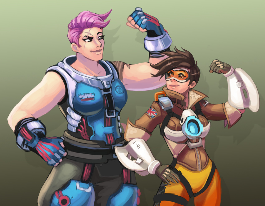 2girls aleksandra_zaryanova brown_hair faebelina flexing goggles lena_oxton multiple_girls overwatch pink_hair popped_collar pose scar sleeveless smile spiked_hair tracer_(overwatch) upper_body zarya_(overwatch)