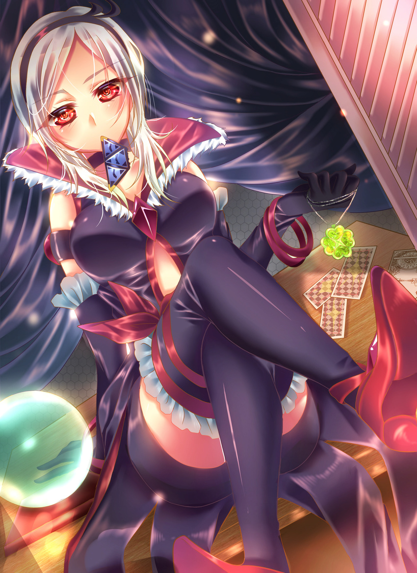 absurdres albino black_gloves black_legwear card choker crossed_legs eas elbow_gloves fresh_precure! full_body gloves grey_hair hairband higashi_setsuna highres looking_at_viewer mouth_hold playing_card popped_collar precure red_eyes red_footwear shoes short_hair sitting solo thighhighs touki_matsuri